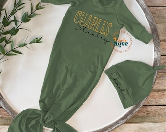 Boho Baby Boy Coming Home Outfit | Personalized Baby Boy Hat and Knotted Gown | Baby Boy Hospital Hat and Gown With Name