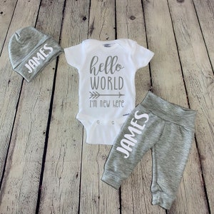 Hello world coming home outfit/ baby boy outfit/ baby boy/ hospital outfit/ baby boy/ newborn boy outfit/ personalized baby boy outfit