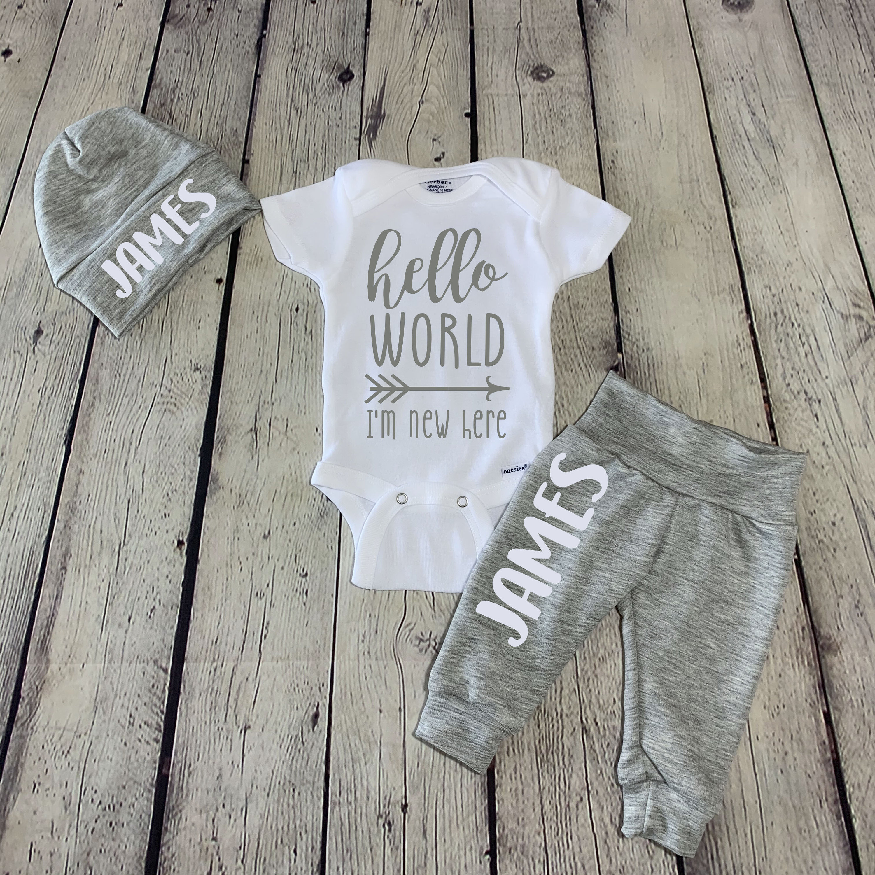 Personalised Hello World Baby Romper and Hat Hospital Outfit New Baby Gifts