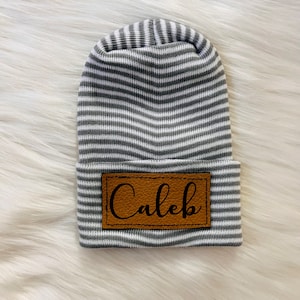 Custom Beanie with Name Newborn baby Beanie Kid Knitted Hat Leather Patch Beanies for Baby Personalized Toddler Child Baby Newborn Beanie