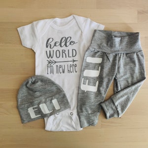 Personalized Newborn Baby Boy Homecoming outfit/ Newborn Baby Boy Gift/ Custom Baby Name Onesie®/ Newborn Hello World Outfit