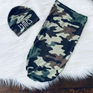 Camo Personalized Newborn Baby Boy Swaddle Cacoon Blanket and headband/ Baby shower gift