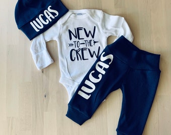 Navy blue new to the crew coming home outfit/ new to the crew hospital outfit/ baby boy outfit