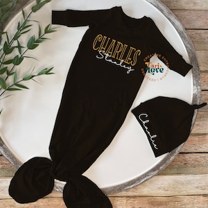 Baby Boy Coming Home Outfit | Personalized Baby Boy Hat and Knotted Gown | Baby Boy Hospital Hat and Gown With Name