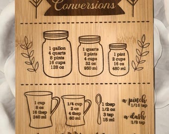 Laser Engraved Bamboo Cutting Board: Kitchen Conversions Chart