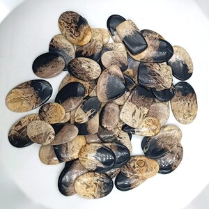 May include: A collection of oval-shaped, polished stones with black and brown patterns. The stones have a smooth, glossy finish and are arranged in a pile.