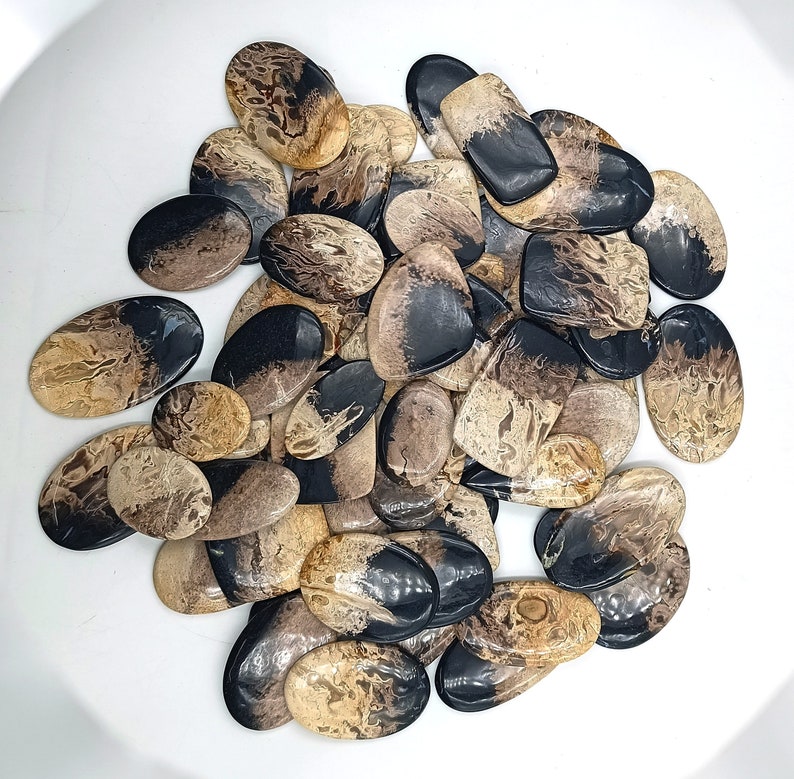 May include: A collection of oval-shaped, polished stones with black and brown patterns. The stones have a smooth, glossy finish and are arranged in a pile.
