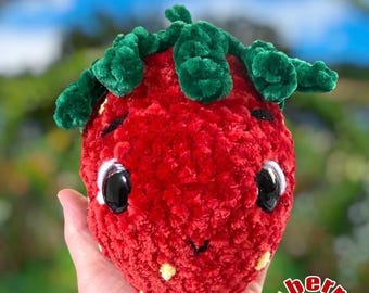 Hand Crocheted Strawberry Plush Toy, Soft Chenille Yarn Cuddly Decor