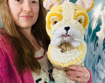 Hand Crocheted Bulldog Plush Toy: Realistic Amigurumi Dog, 17-Inch Tall, Removable Collar