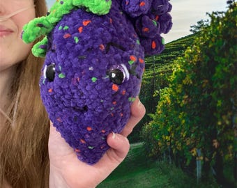 Hand Crocheted Grape Plushie Toy, Soft Chenille Yarn Cuddly Decor