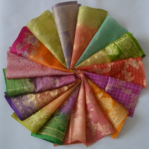 8 Inch x 16 Pieces Recycled Vintage Silk Sari Scraps Remnants Brocade Craft Fabric Card Making Collage Mixed Media Textile Art Junk Journals