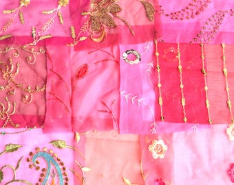 Pink Assorted Embellished Sari Fabric Remnants Scraps - 10 Pieces
