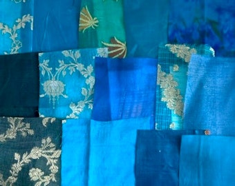 Morceaux de soie sari bleu canard 15, 25 ou 50 pièces, tailles assorties, pure soie sari vintage recyclée Arts et artisanat Couture Scrapbooking