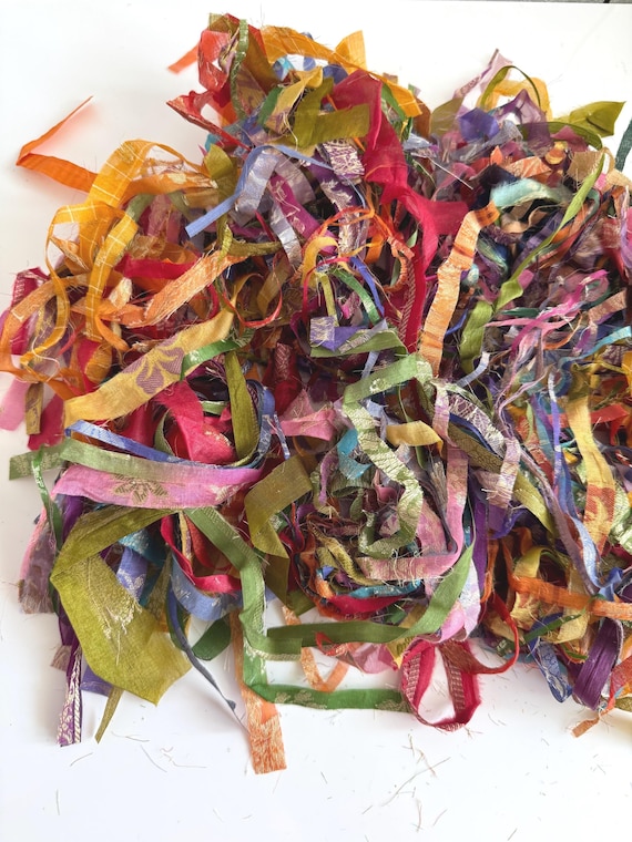 50g Mixed Sari Silk Textile Texture Pack Embroidery Weaving Spinning