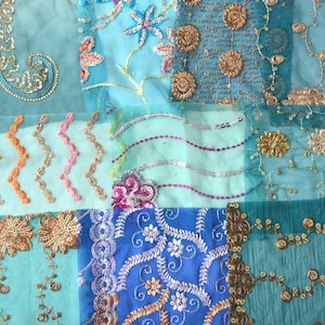 Teal Blue Assorted Embellished Sari Fabric Remnants Scraps - 10 Pieces