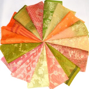 5 Inch x 16 Pieces Orange Green Recycled Vintage Sari Scraps Craft Fabric Card Making Collage Mixed Media Textile Art Sewing Junk Journals