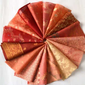 8 Inch x 16 Pieces Orange Recycled Vintage Sari Squares Craft Fabric Card Making Collage Mixed Media Textile Art Sewing Junk Journal