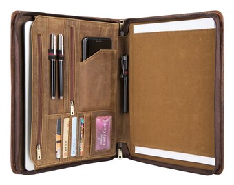 Handmade Vintage Leather Padfolio Portfolio Case Zippered Business Organizer Tablet Folio Folder with Letter Size Notepad, Crazy Horse