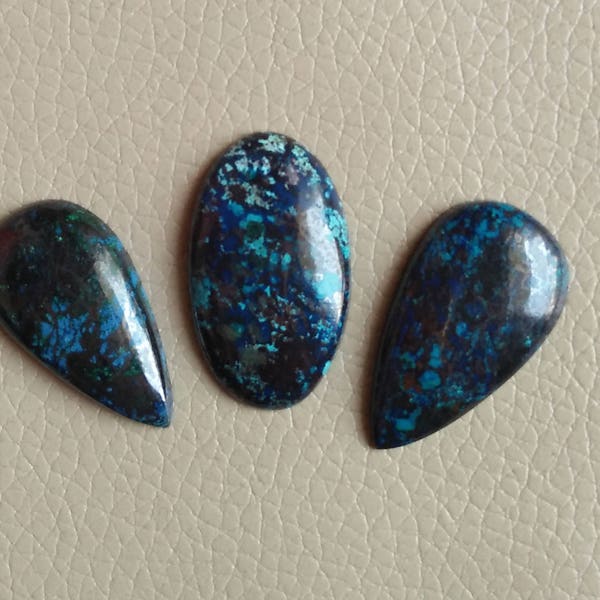 Azurite Gemstone 3 Pieces Lot, Teardrop and Oval Shape Azurite Cabochon, One Side Flat Stone, Semi Precious Gemstone, Designer Cabochon