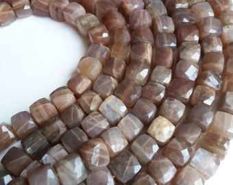 Chocolate Moonstone Box And Bricks Gemstone Beads, 7 - 8 MM TO 8 MM Chocolate Moonstone Square Beads, 8 Inch Length Strand, Faceted 3D Beads