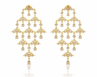 14K Gold Rose Cut Diamond Chandelier Earrings, Dangle Earrings, Statement Bridal Fine Jewelry