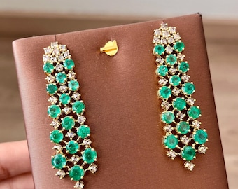 14K Gold Earrings, Emerald Earrings, Rose Cut Diamond, Art Deco Jewelry, May Birthstone, Dangle Earrings, 14K Solid Gold Jewelry