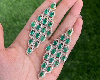 14K Gold Earrings, Natural Diamond Earrings, Emerald Earrings, Art Deco Earrings, Chandelier Earrings, Drop Earrings, Wedding Jewelry