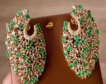 14K Gold Earrings, Rose Cut Diamond Earrings, Emerald Earrings, Victorian Jewelry, Statement Earrings, Antique Jewelry, Vintage Jewellery