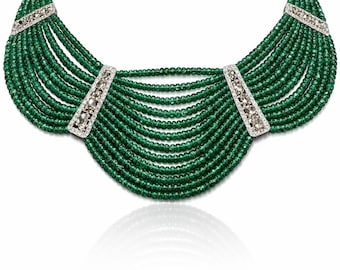Collar de oro blanco de 14 quilates con esmeraldas y diamantes, joyería nupcial victoriana.