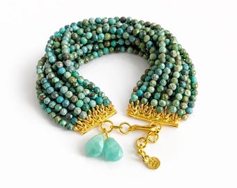Turquoise Multi Strand Bracelet, 925 Sterling Silver Gemstone Beaded Jewelry, Boho Jewellery