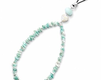 Larimar Beaded Phone Charm Wristlet, Freshwater Pearl Phone Strap
