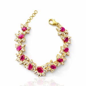 14K Gold Ruby Tennis Bracelet, Art Nouveau Diamond Accent