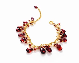 925 Sterling Silver Garnet & Pearl Bracelet, Gold Plated Gemstone Beaded Jewelry
