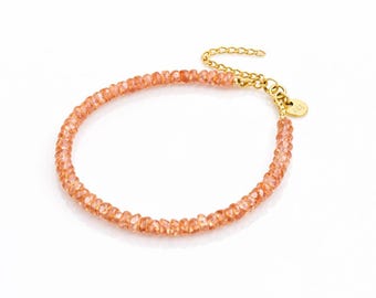 Dainty Sunstone Beaded Bracelet, Gold Plated Orange Gemstone Bracelet, Crystal Stacking Bracelets