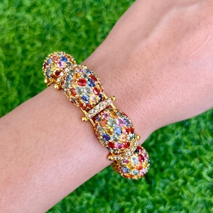 14k Gold Bracelet, Rainbow Sapphire Bracelet, Natural Diamond Bracelet, Colorful Sapphire, Wedding Jewelry, Art Deco Jewelry, Diamond Bangle