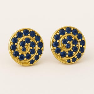 18k Solid Gold Blue Sapphire Stud Earrings, Natural Gemstone Swirl Earrings, Art Nouveau Fine Jewelry, Elegant Gold Studs, Gift for Her