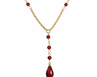 Dainty Garnet Lariat Y Beaded Necklace, 925 Sterling Silver Gemstone Necklaces