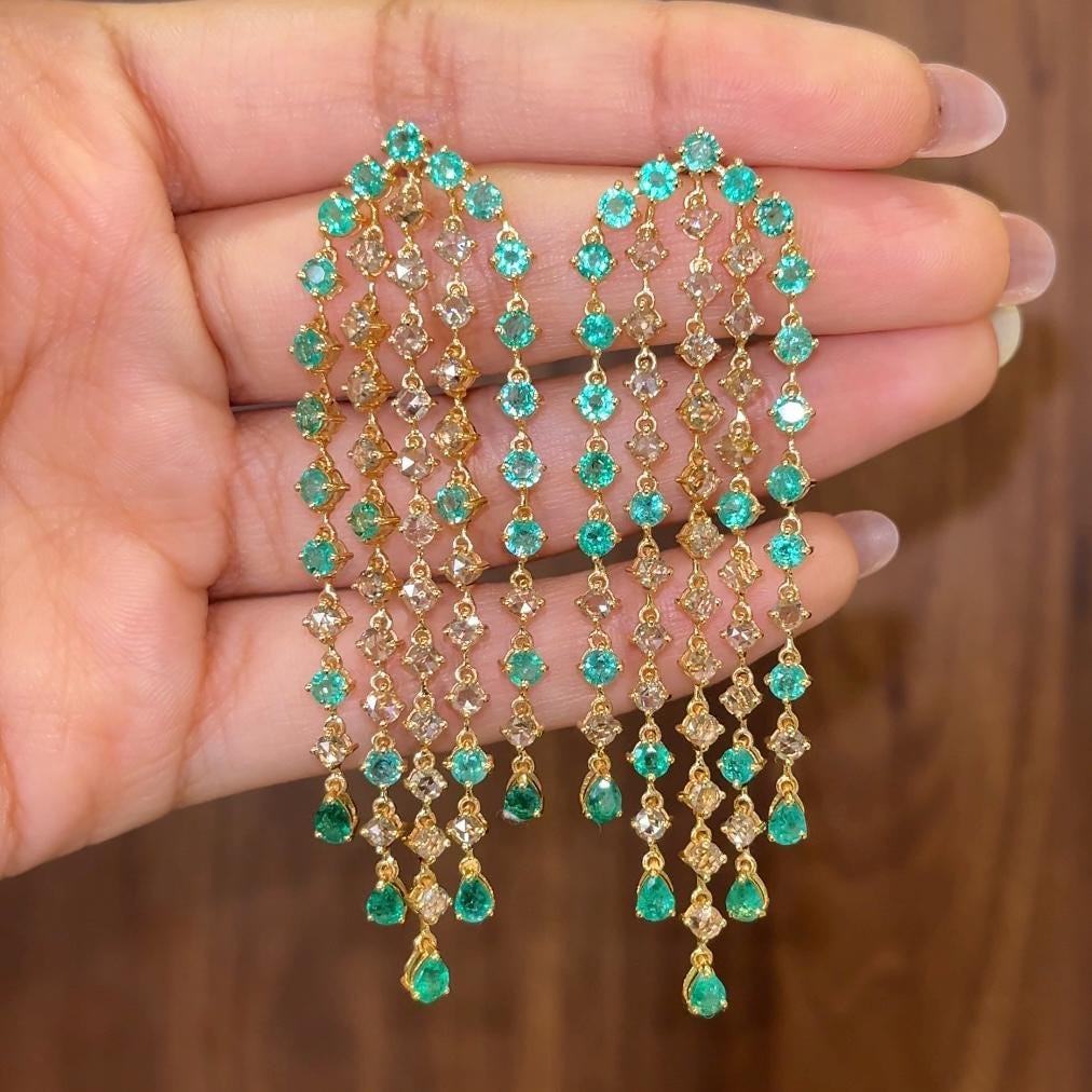 14K Gold Earrings, Diamond And Emerald Earrings, Art Deco, Statement Earrings, Chandelier Earrings, Drop Earrings, Dangle Earrings