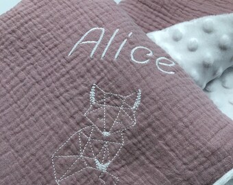 Minky embroidered double cotton gauze baby blanket / Pink cotton gauze plaid