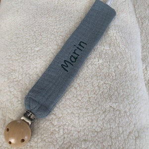 Personalized pacifier clip in cognac embroidered cotton gauze image 7