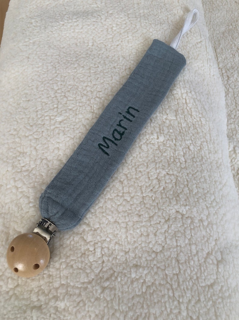 Personalized pacifier clip in cognac embroidered cotton gauze image 7