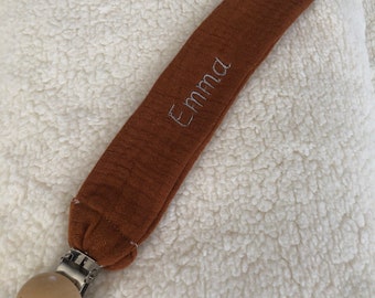 Personalized pacifier clip in cognac embroidered cotton gauze