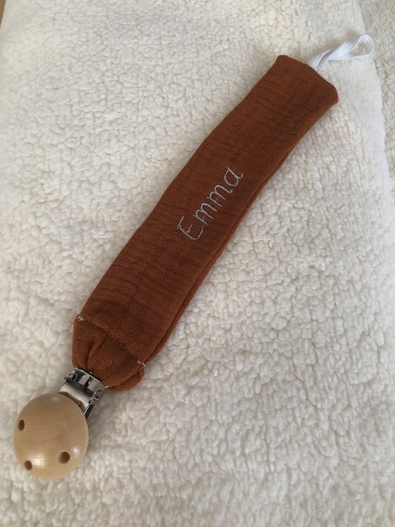 Personalized pacifier clip in cognac embroidered cotton gauze image 1