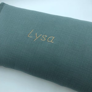 Embroidered cotton gauze cushion with removable water green first name/word