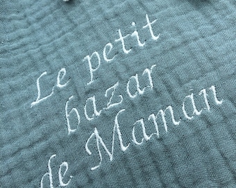 Large embroidered triple gauze cotton drawstring bag, personalized, 45x30 cm