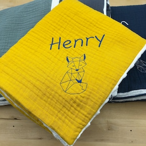 Minky embroidered double cotton gauze baby blanket / Mustard cotton gauze plaid