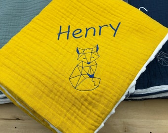 Minky embroidered double cotton gauze baby blanket / Mustard cotton gauze plaid