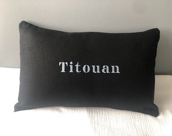Personalized embroidered black linen cushion with removable cover
