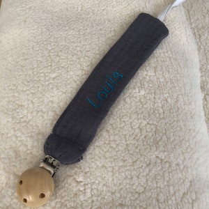 Personalized pacifier clip in cognac embroidered cotton gauze image 9