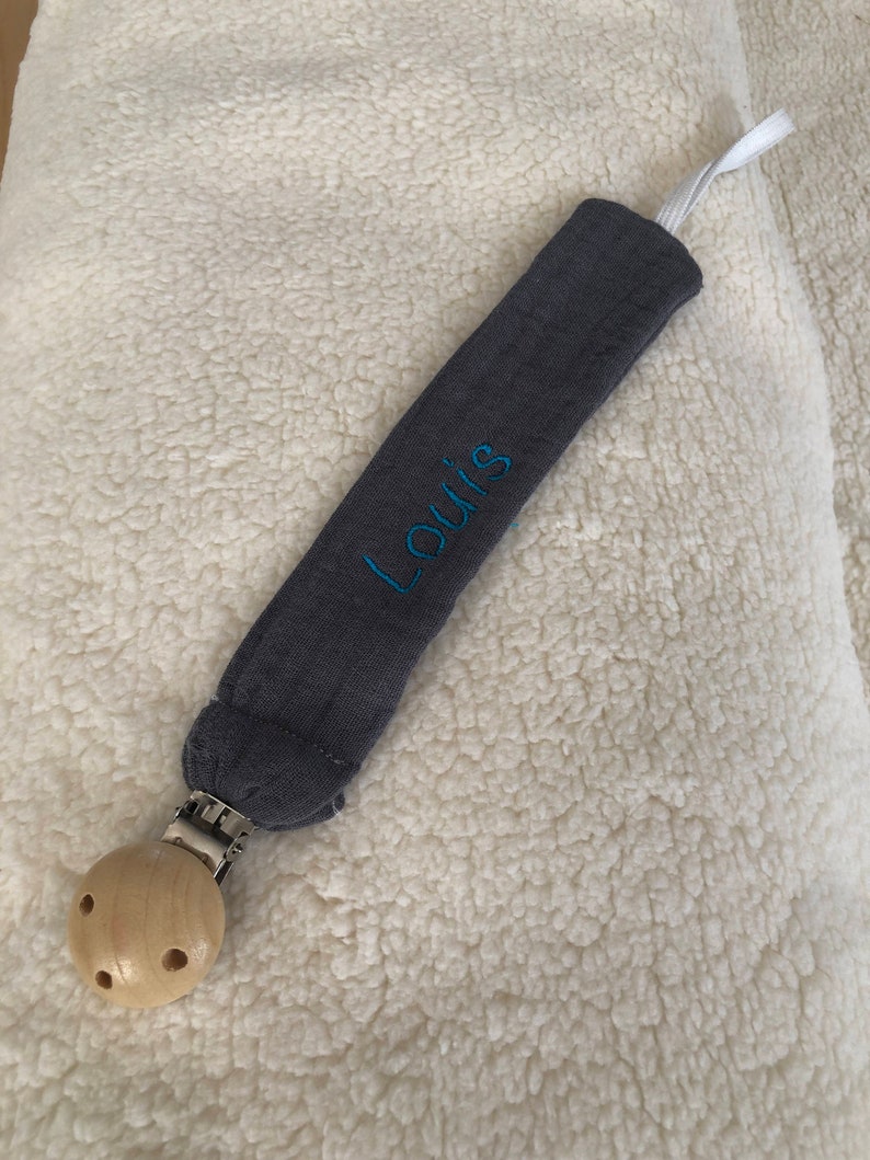 Personalized pacifier clip in cognac embroidered cotton gauze image 9